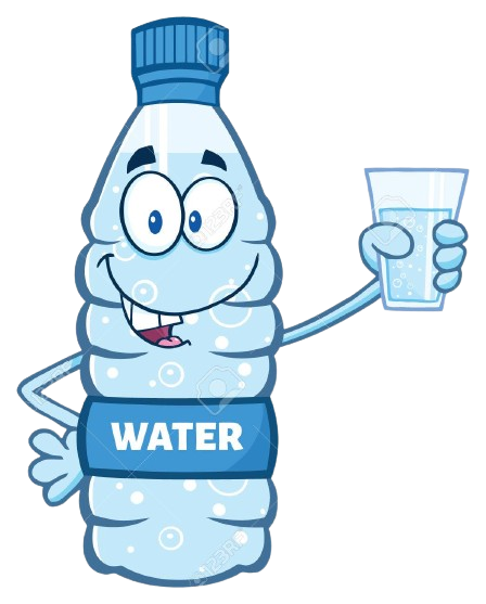 Cartoon water bottle mascot holding a glass of water