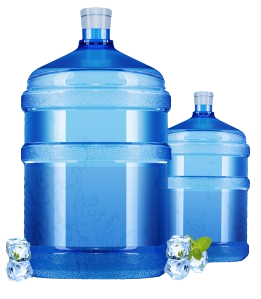 Two blue water purifier bottles with splashing water and green leaves